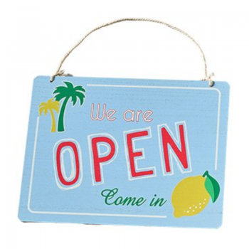 Holzschild "We are Open" blau